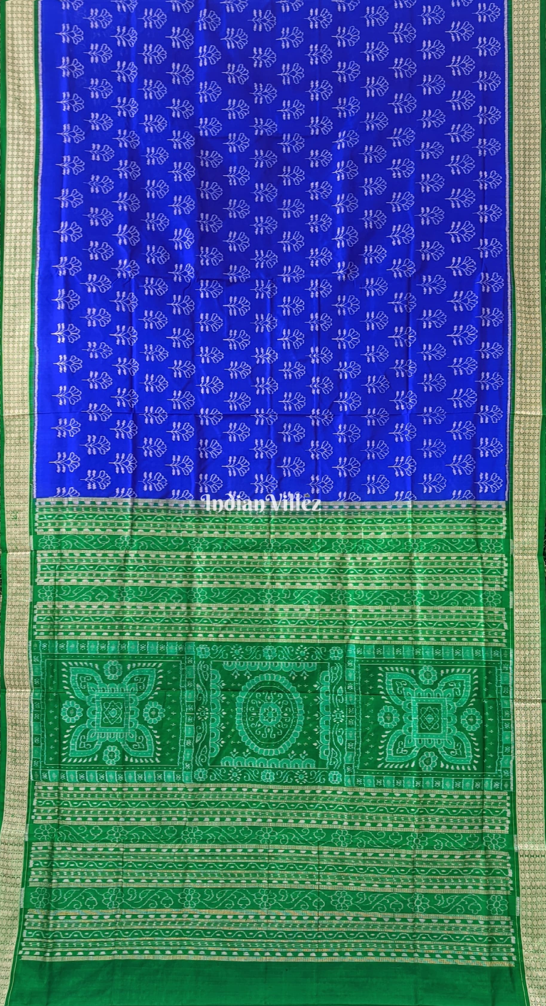 Royal Blue Green Flower Motif Sambalpuri Pure Silk Saree