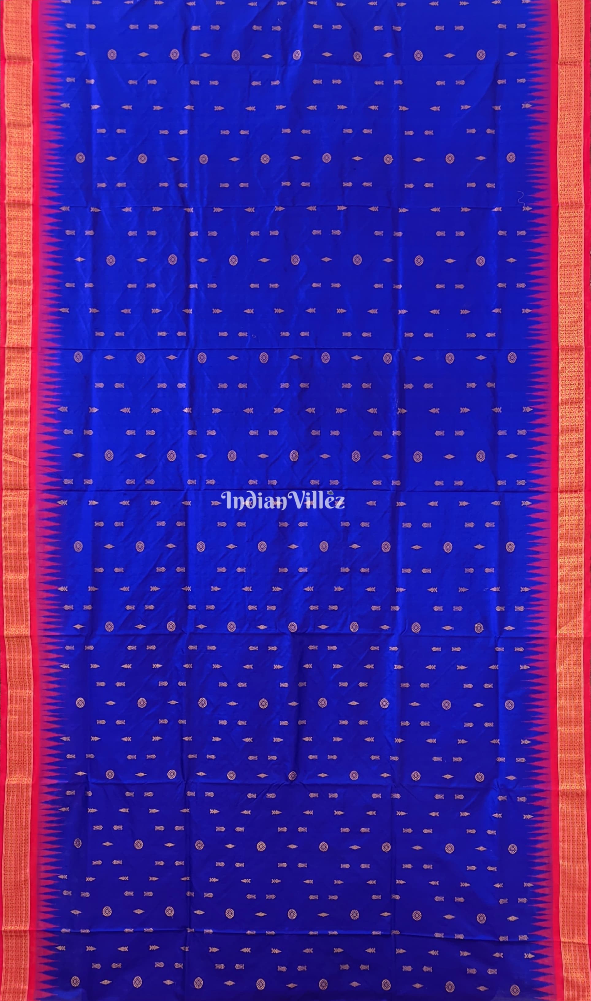 Blue Red Fish Motif Sambalpuri Silk Saree with Tissue Anchal