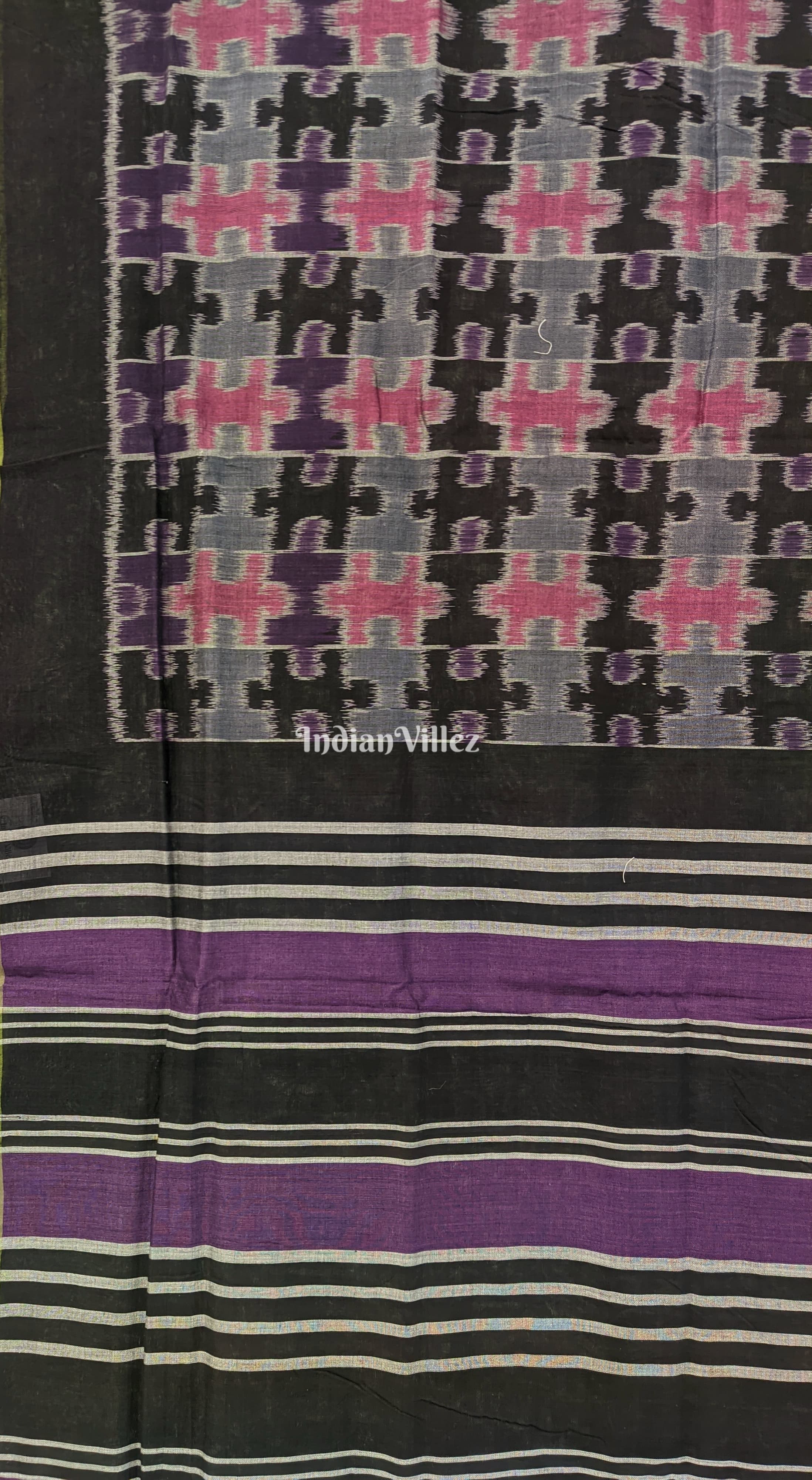 Black Base Grey with Pink Puzzle Design Sambalpuri Cotton Saree