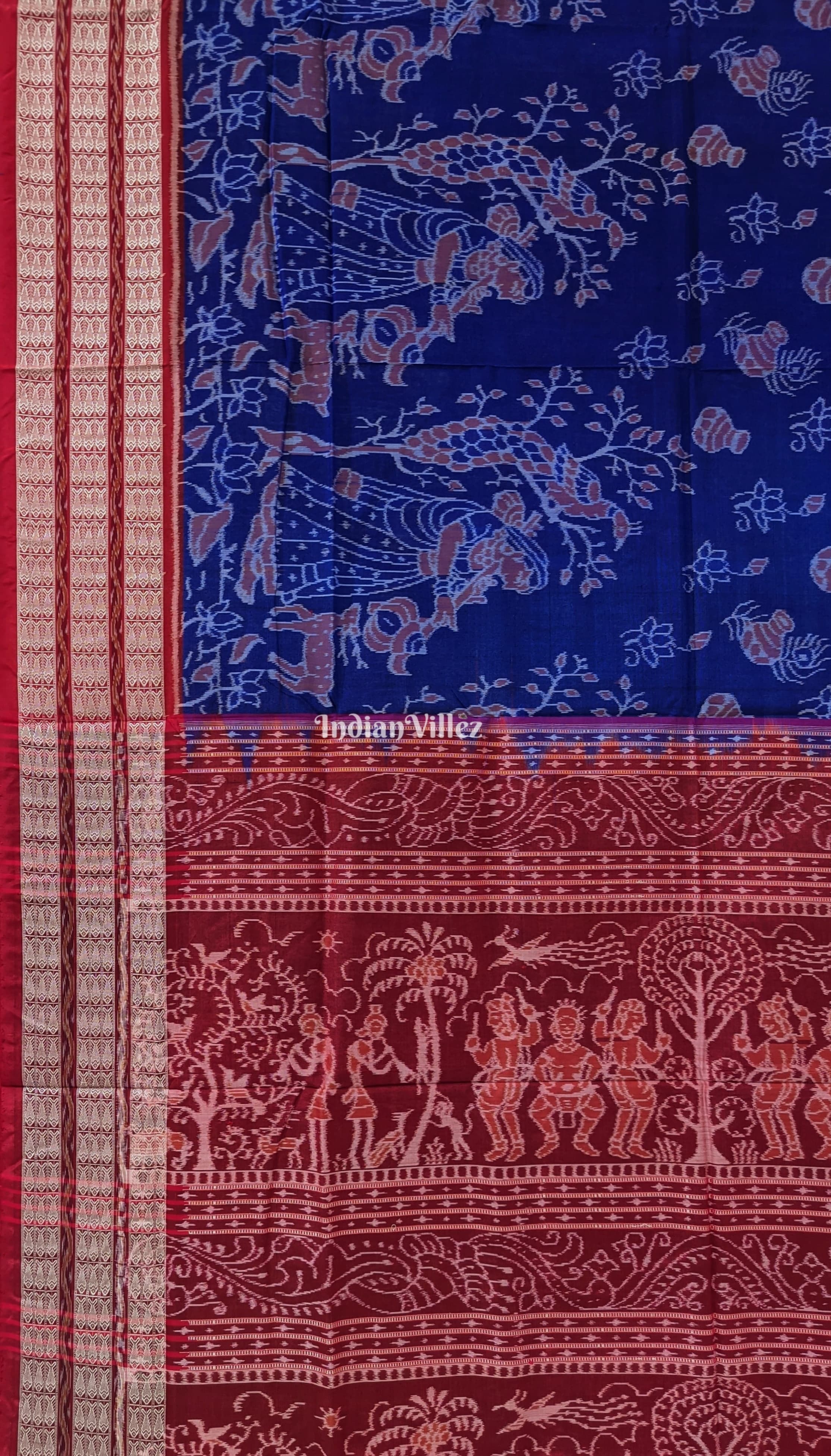 Blue Base Peacock & Doll Design Sambalpuri Cotton Saree