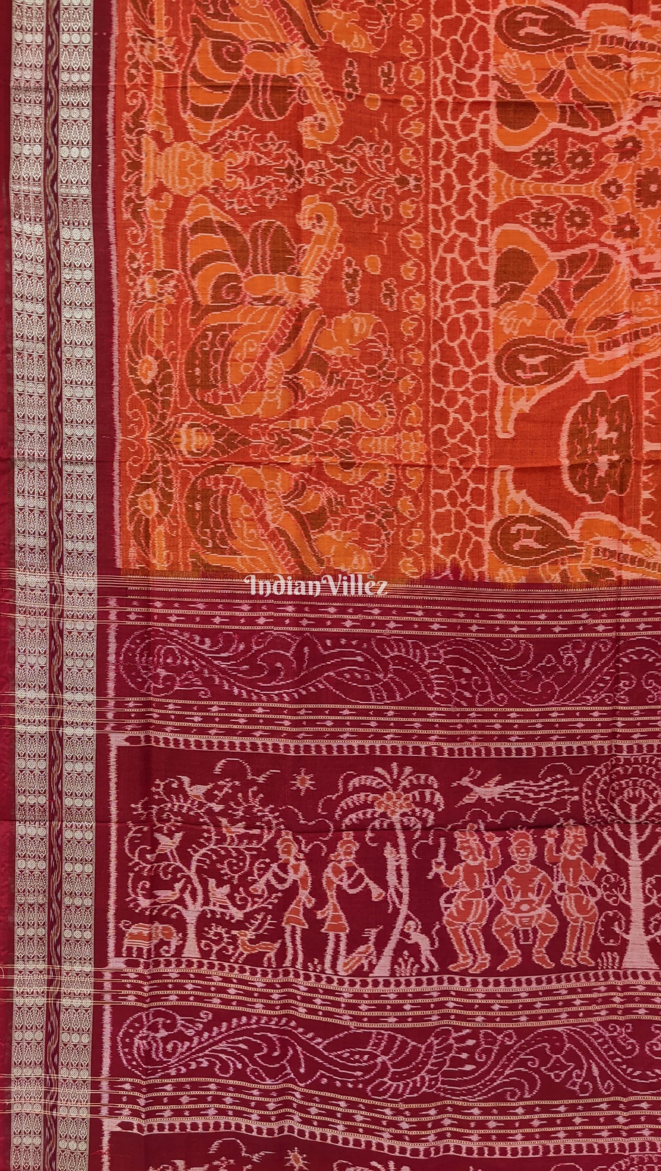 Orange Base Bird & Sitar Design Sambalpuri Cotton Saree