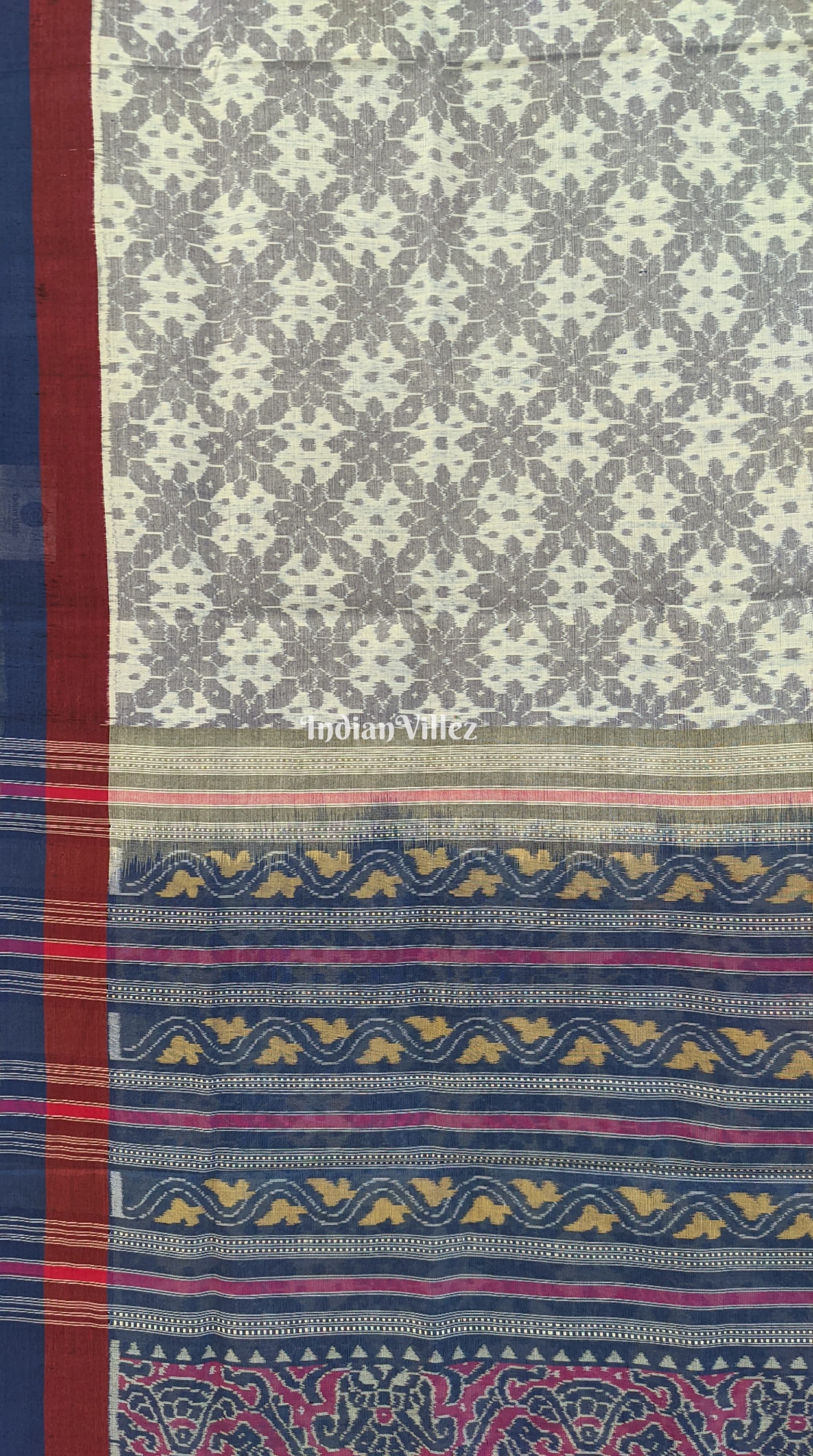 White With Blue Flower Design Pure Sambalpuri Cotton Saree