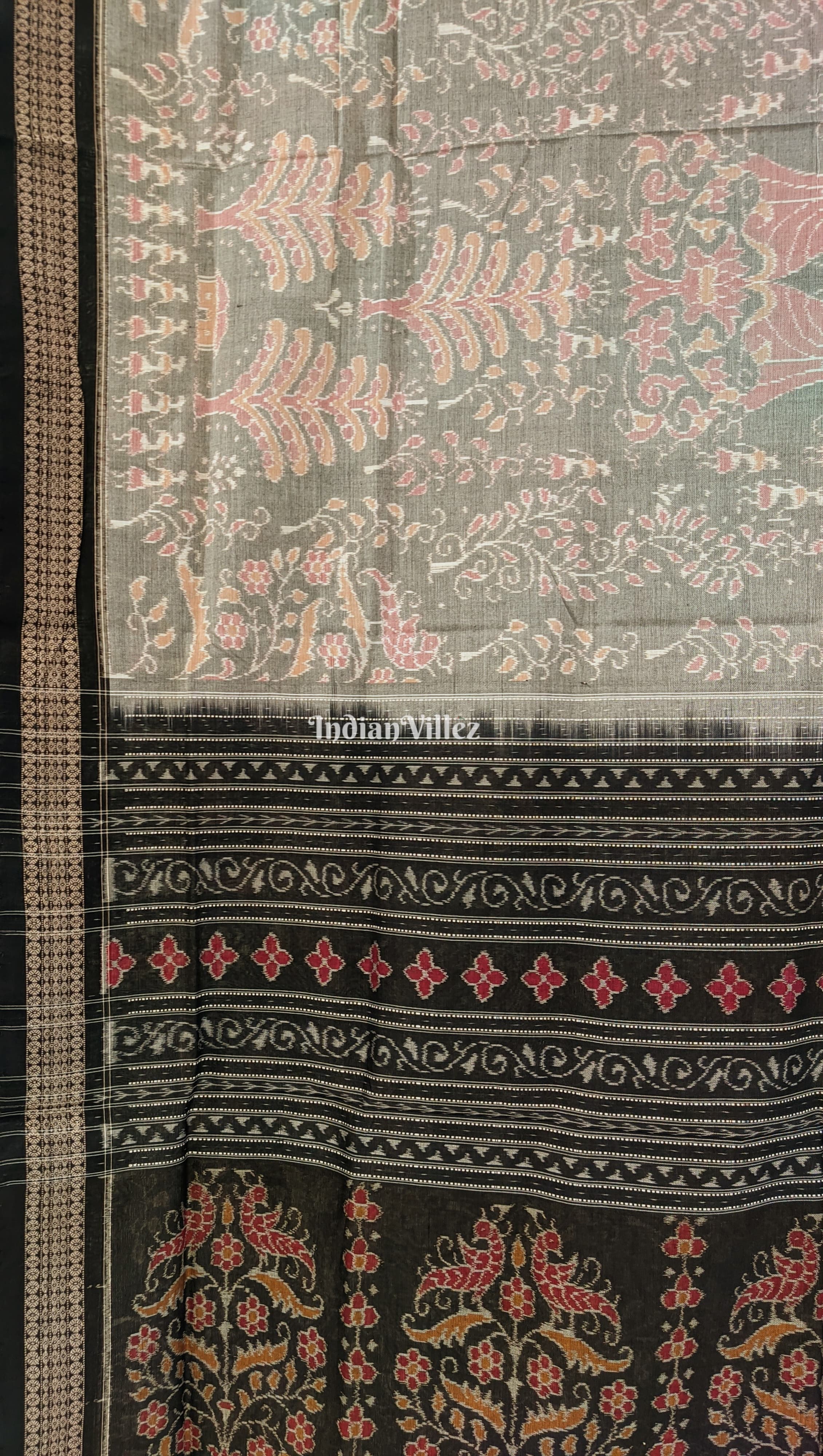 Grey Base Flower Design Sambalpuri Pure Cotton Saree