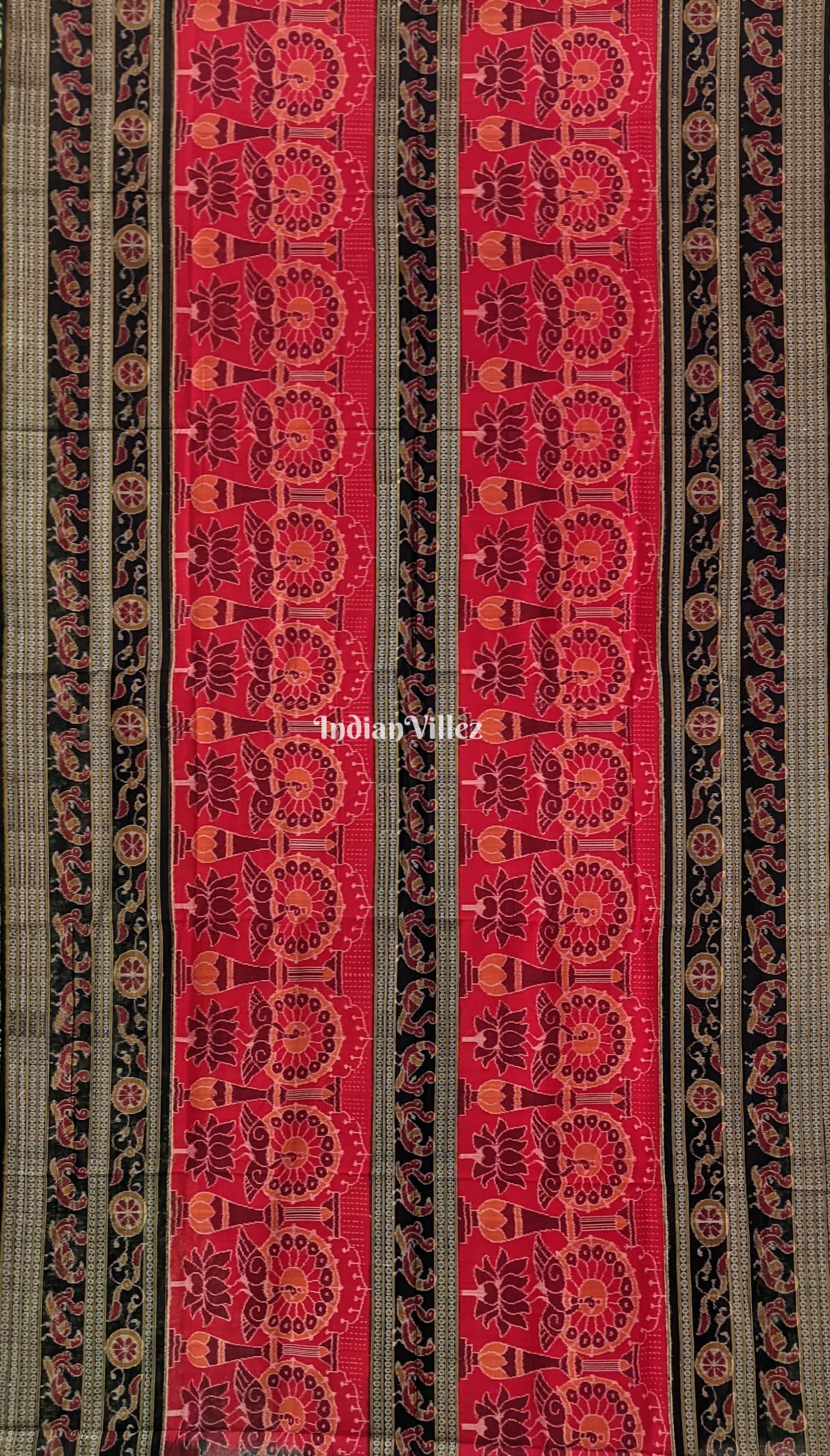 Red Lotus & Peacock Design Sambalpuri Pure Cotton Saree