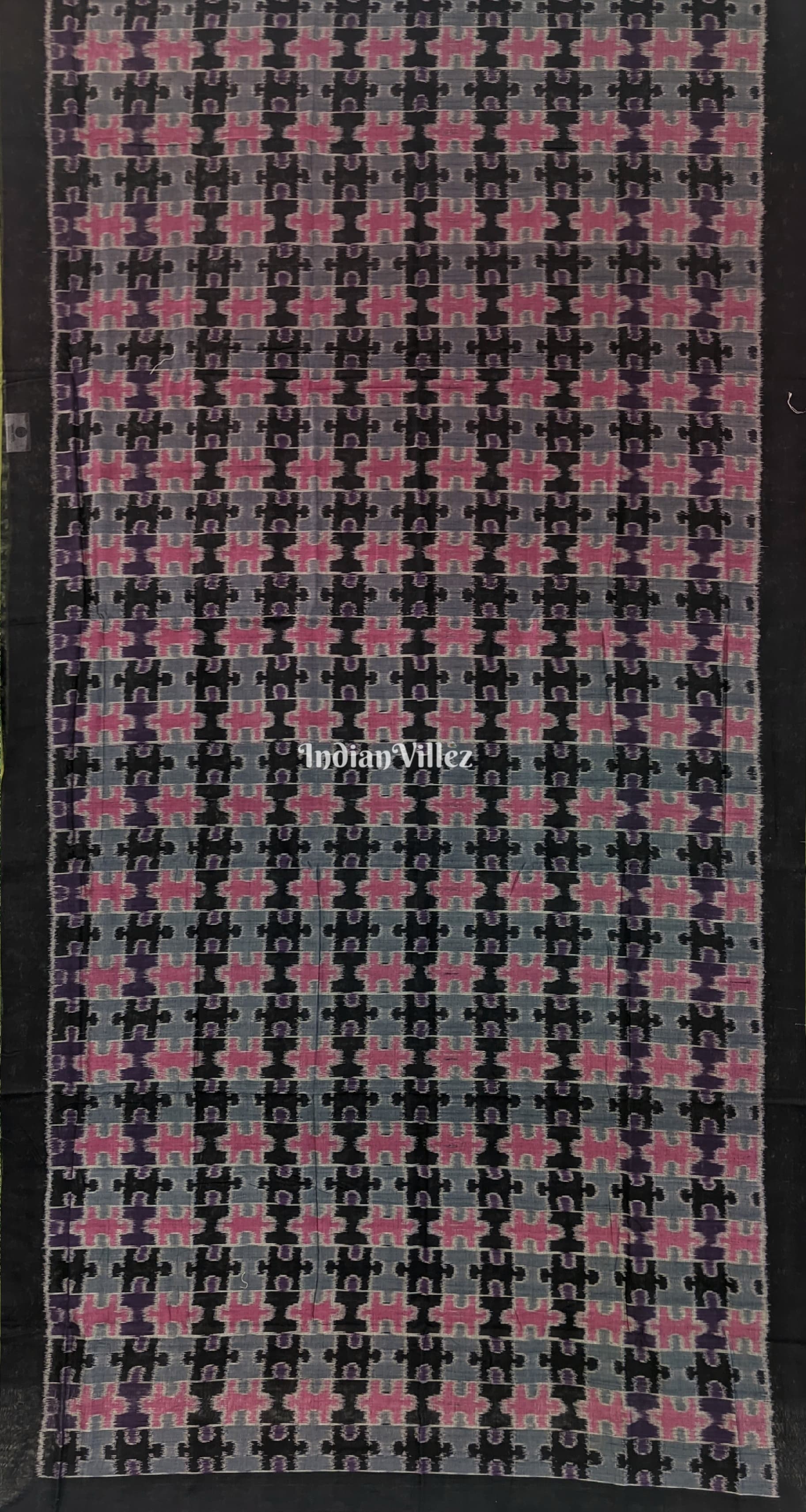 Black Base Grey with Pink Puzzle Design Sambalpuri Cotton Saree