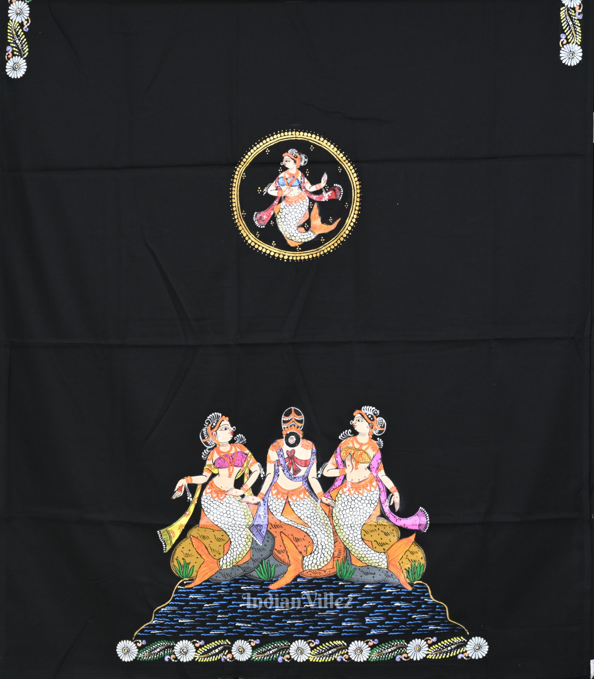 Black Mastya Kanya Hand-Painted Pattachitra Dress Material 