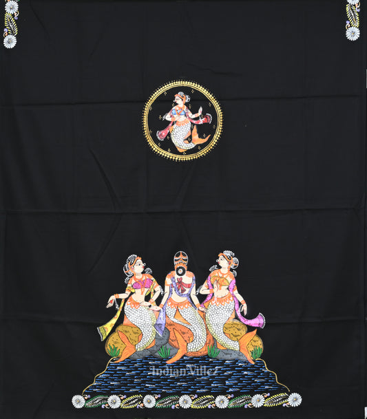 Black Mastya Kanya Hand-Painted Pattachitra Dress Material 
