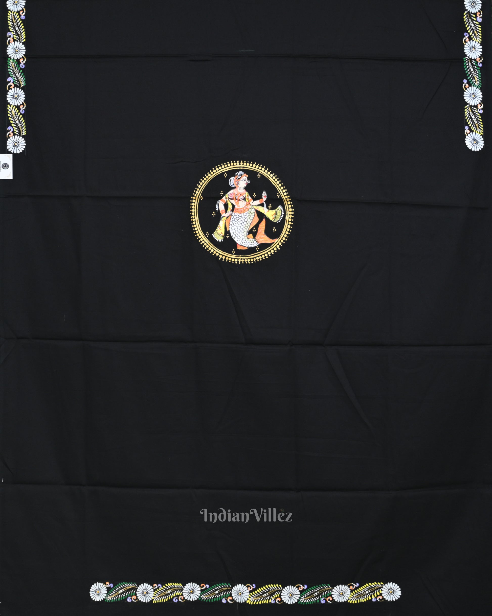 Black Mastya Kanya Hand-Painted Pattachitra Dress Material 