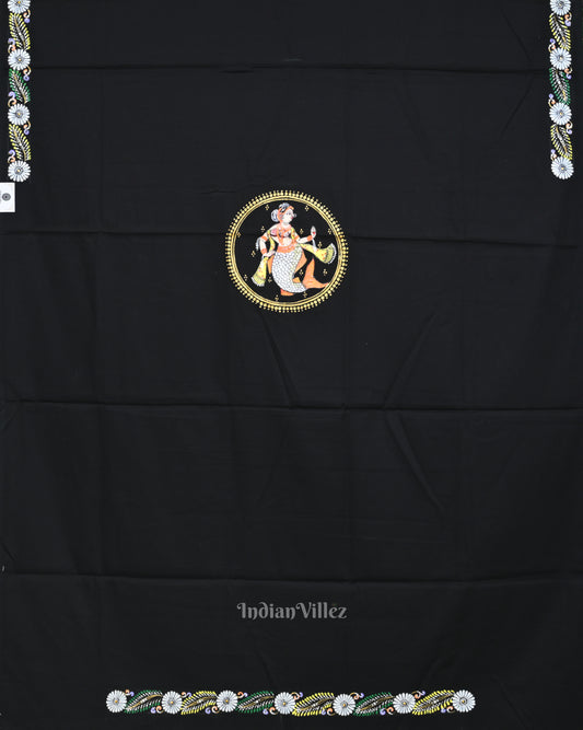 Black Mastya Kanya Hand-Painted Pattachitra Dress Material 