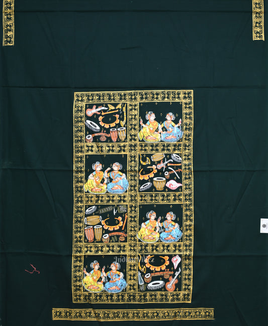 Bottle Green Sitar Instrument with Tabla Hand-Painted Pattachitra Dress Material