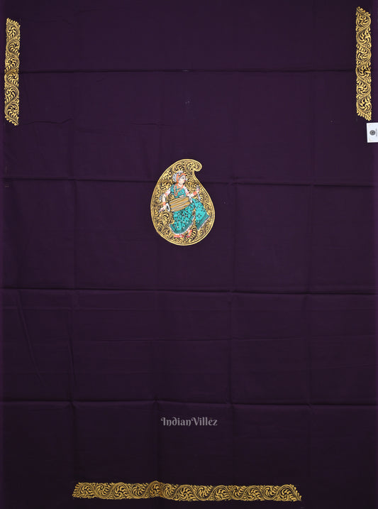 Purple Music Instrument Theme Hand-Painted Pattachitra Dress Material