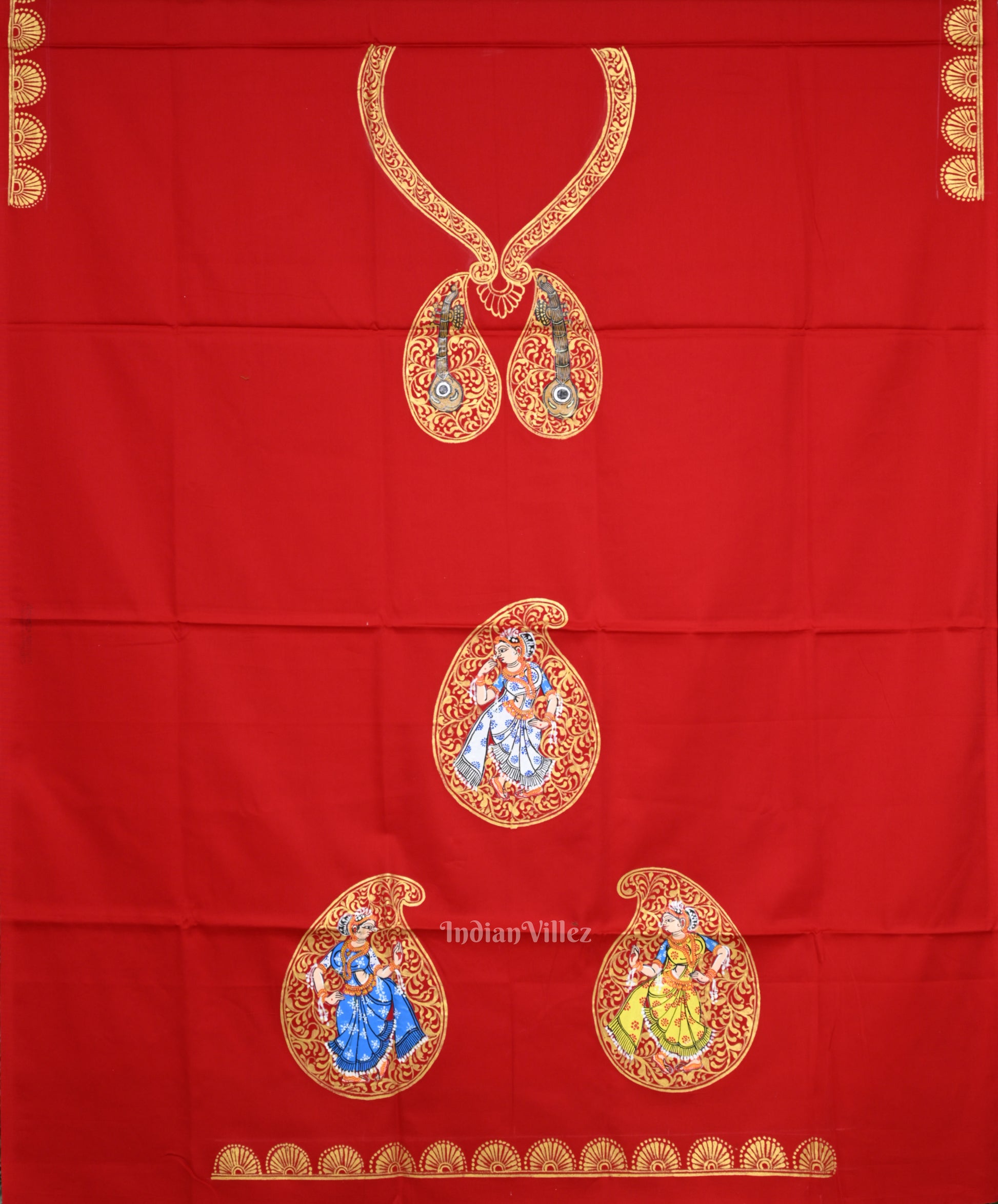 Red Nartaki Theme Hand-Painted Dress Material 