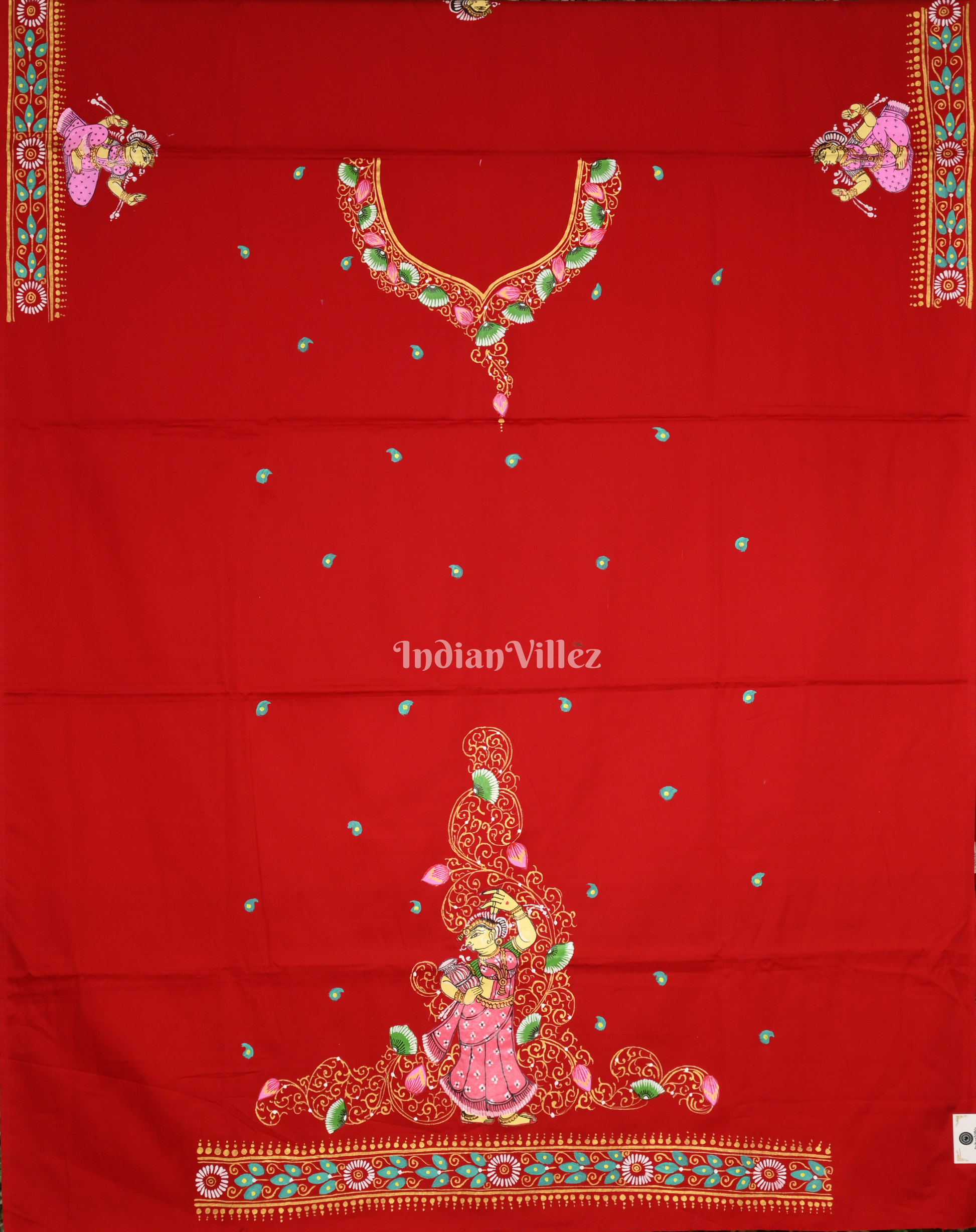 Red Nartaki Theme Hand-Painted Pattachitra Kurti (Unstitched) 