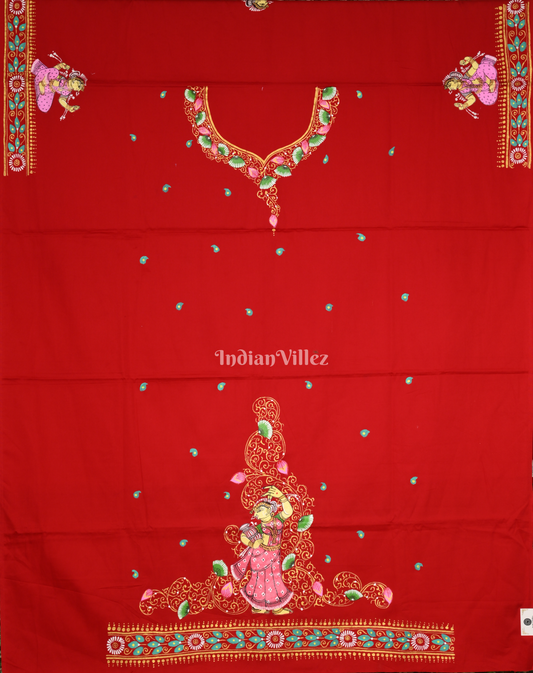 Red Nartaki Theme Hand-Painted Pattachitra Kurti (Unstitched) 