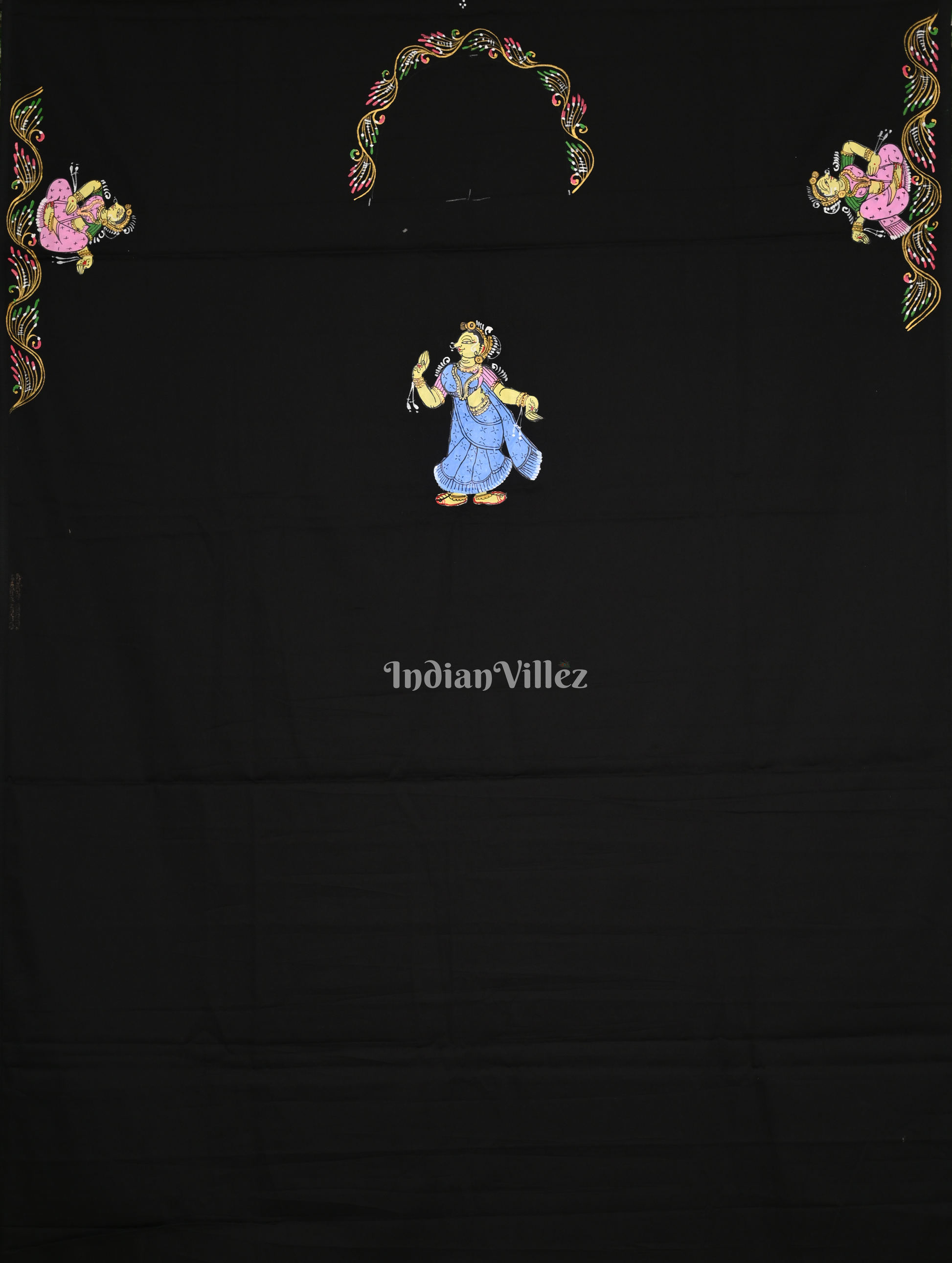 Black Krishna Raas Leela Hand-Painted Pattachitra Kurti (Unstitched)