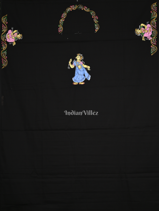 Black Krishna Raas Leela Hand-Painted Pattachitra Kurti (Unstitched)