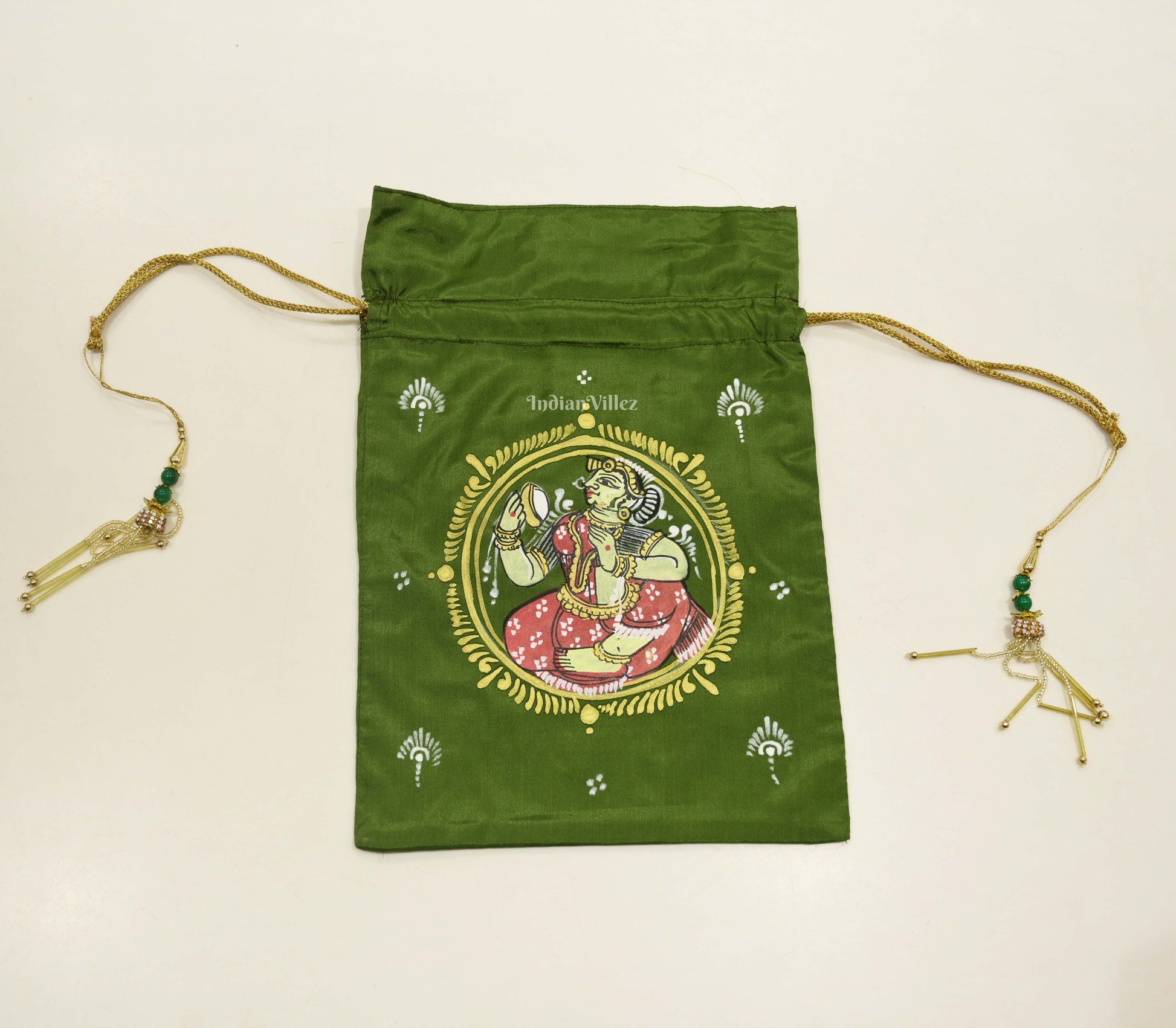 Dark Green Nartaki  Hand-Painted Pattachitra Potli Bag 