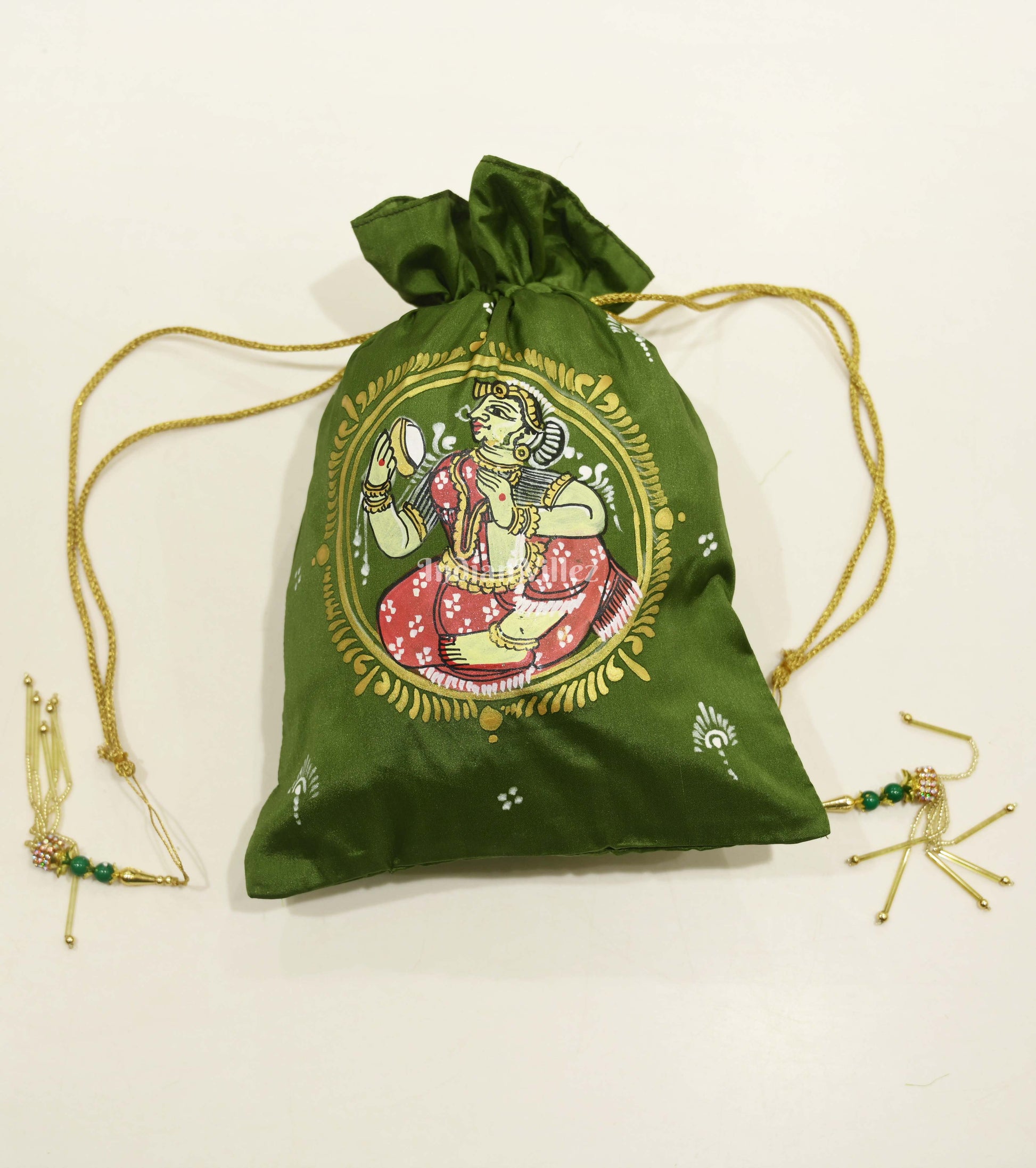 Dark Green Nartaki  Hand-Painted Pattachitra Potli Bag 
