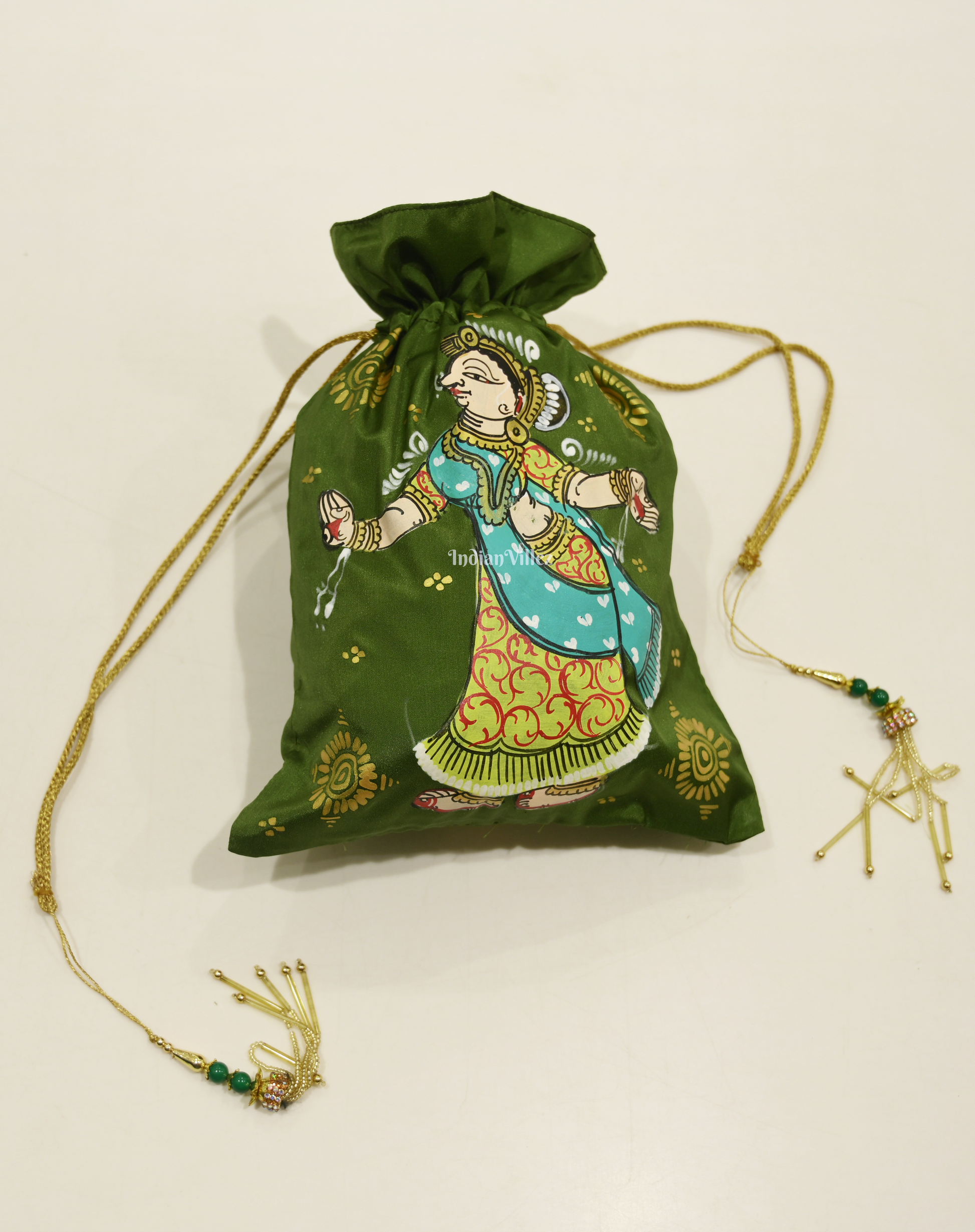  Mehendi Green Nartaki  Hand-Painted Pattachitra Potli Bag 