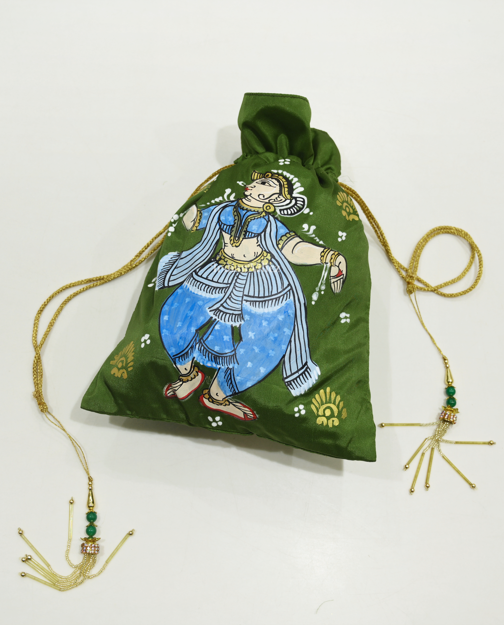 Green Nartaki  Hand-Painted Pattachitra Potli Bag