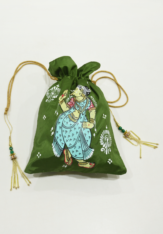 Bright Green Nartaki  Hand-Painted Pattachitra Potli Bag 