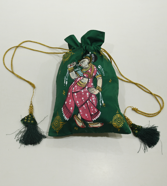 Sea Green Nartaki  Hand-Painted Pattachitra Potli Bag 