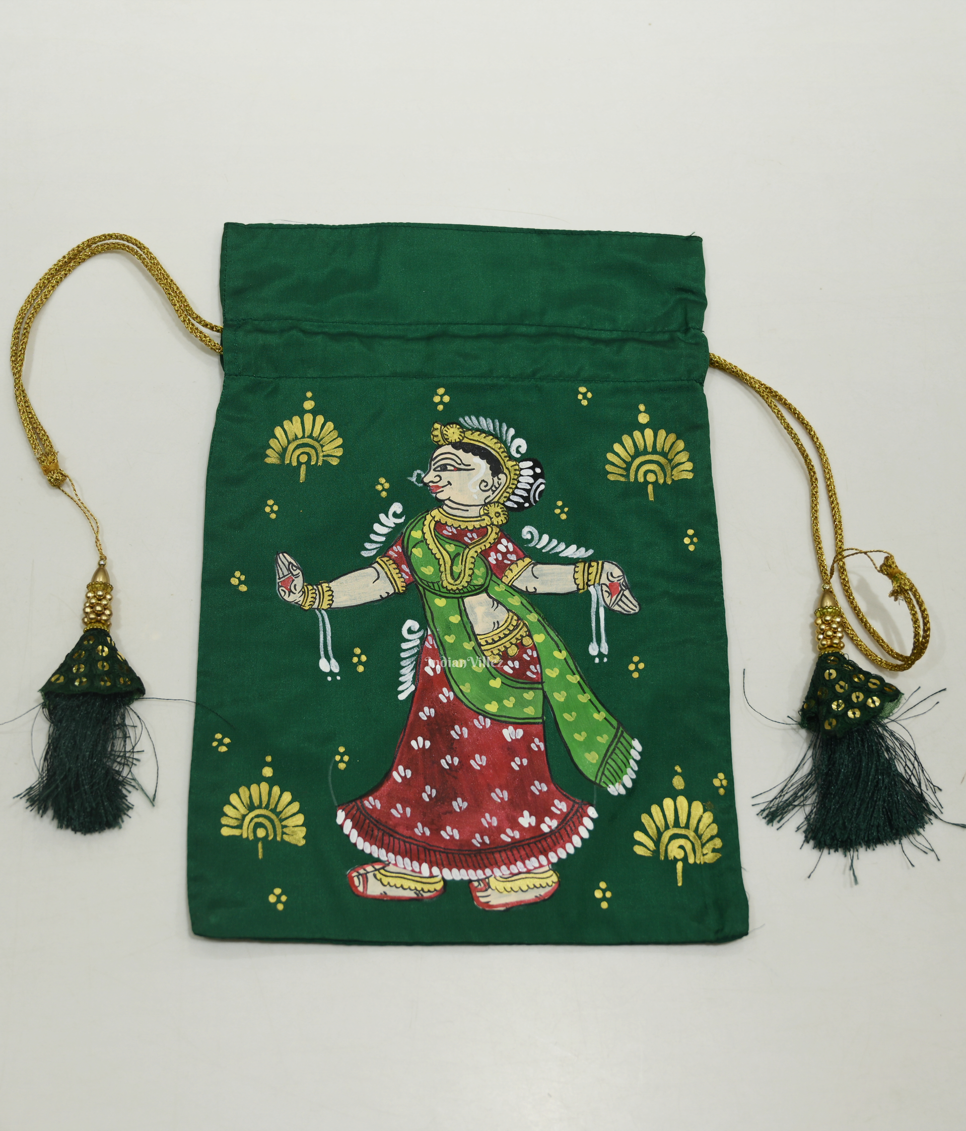 Dark Green Nartaki  Hand-Painted Pattachitra Potli Bag 
