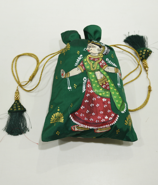 Dark Green Nartaki  Hand-Painted Pattachitra Potli Bag 