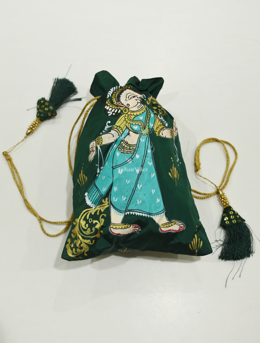 Green Nartaki  Hand-Painted Pattachitra Potli Bag