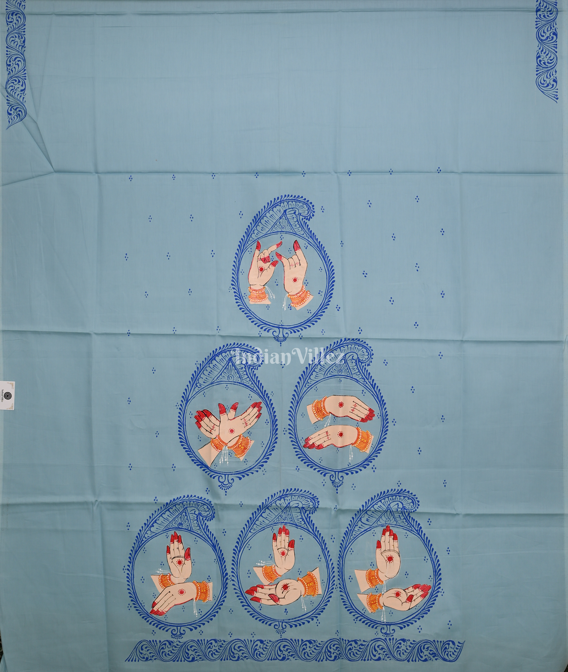 Light Blue Mudra Theme Hand-Painted Pattachitra Kurti