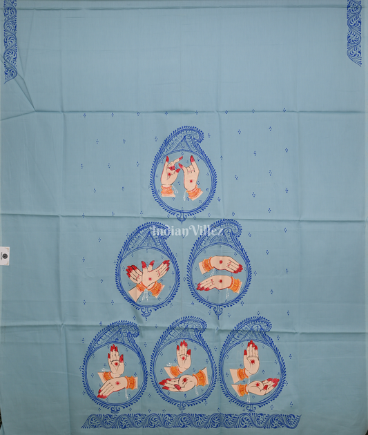Light Blue Mudra Theme Hand-Painted Pattachitra Kurti