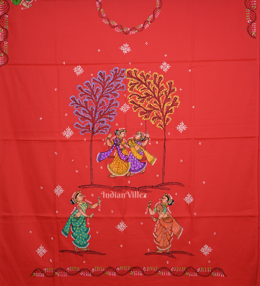 Red Raja Doli Theme Hand-Painted Pattachitra Kurti