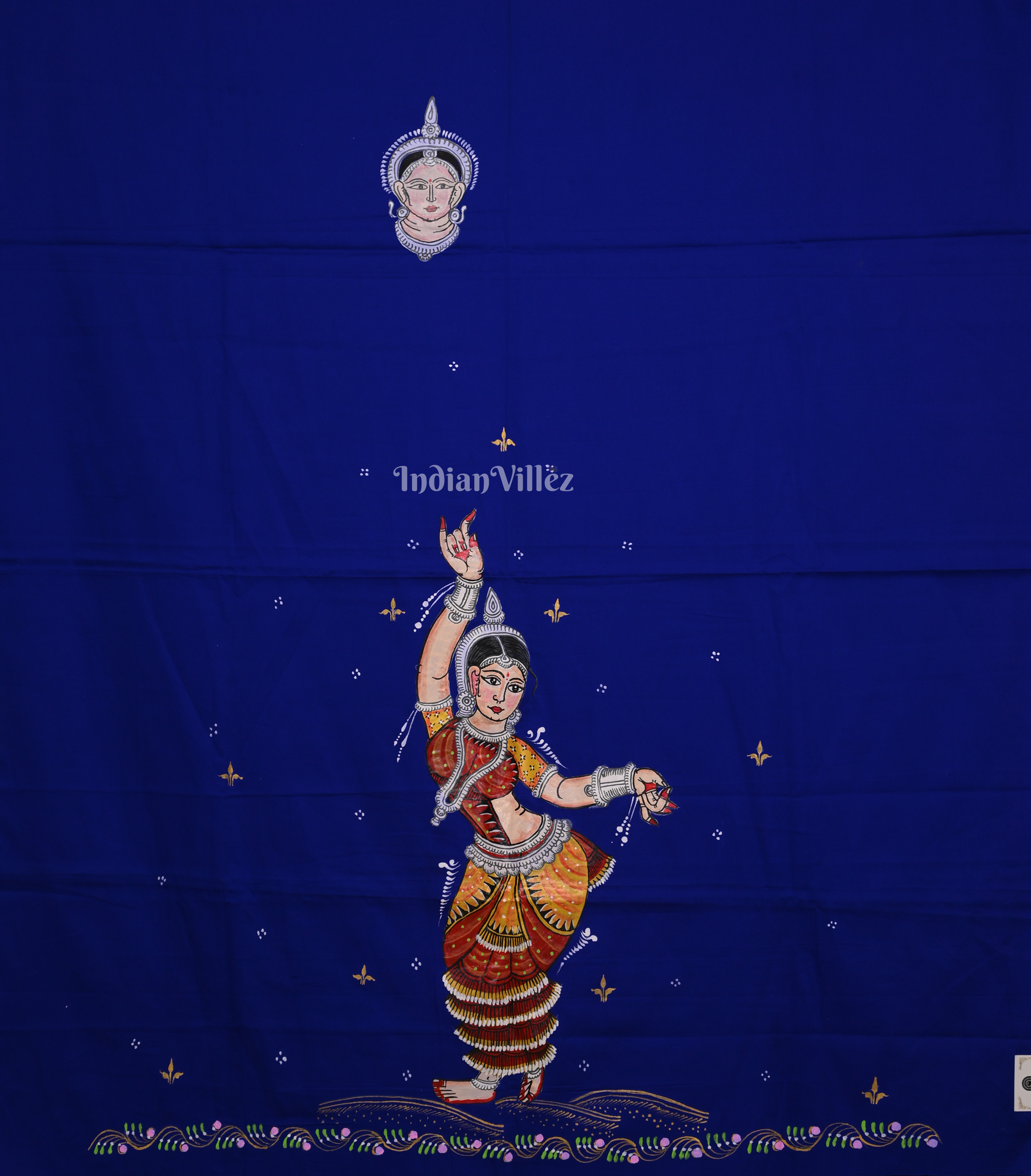Royal Blue Odissi Dancer Mudra theme Hand-Painted Pattachitra Kurti 