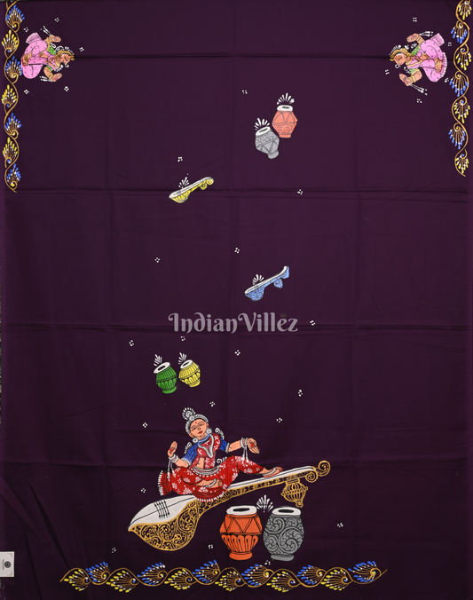 Purple Musical Instrument Theme Hand-Painted Pattachitra Kurti (Unstitched)