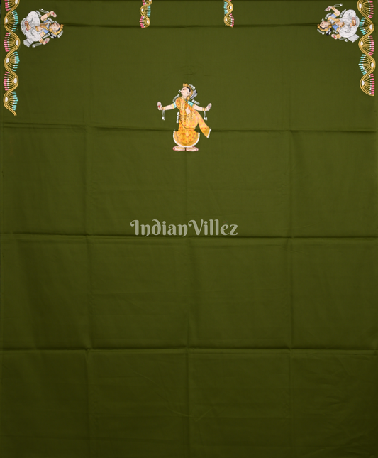Mehendi Green Nartaki Theme Hand-Painted Pattachitra Kurti (Unstitched)