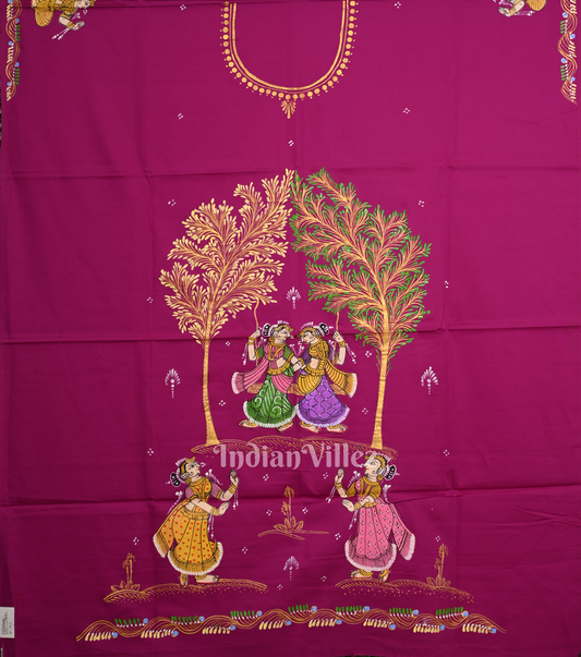 Magenta Pink Raja Doli Theme Hand-Painted Pattachitra Kurti (Unstitched)