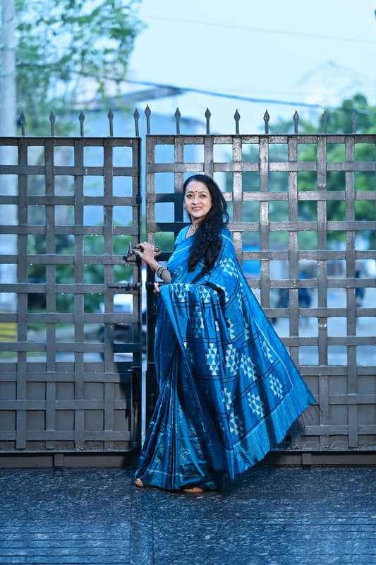 Blue Copper sulphate Dolphin Theme Contemporary Designer Silk Saree
