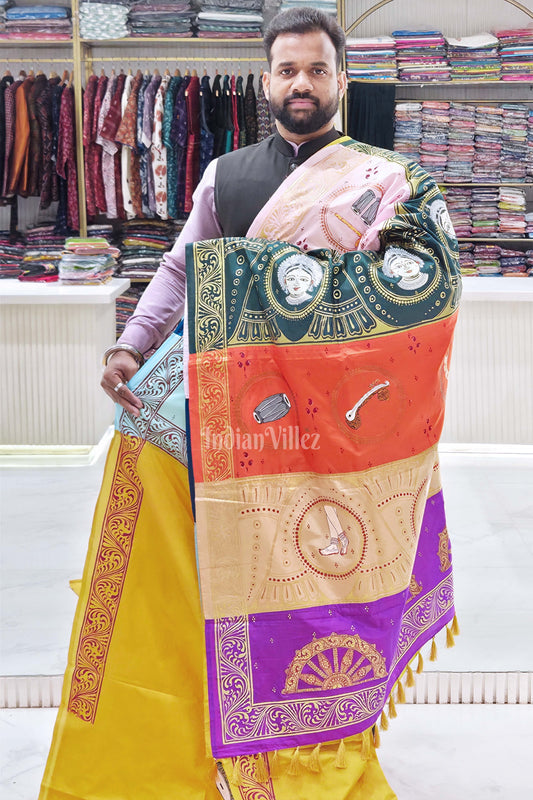 Mustard Yellow Musical Instruments & Dancer Theme Hand-painted Pattachitra Saree