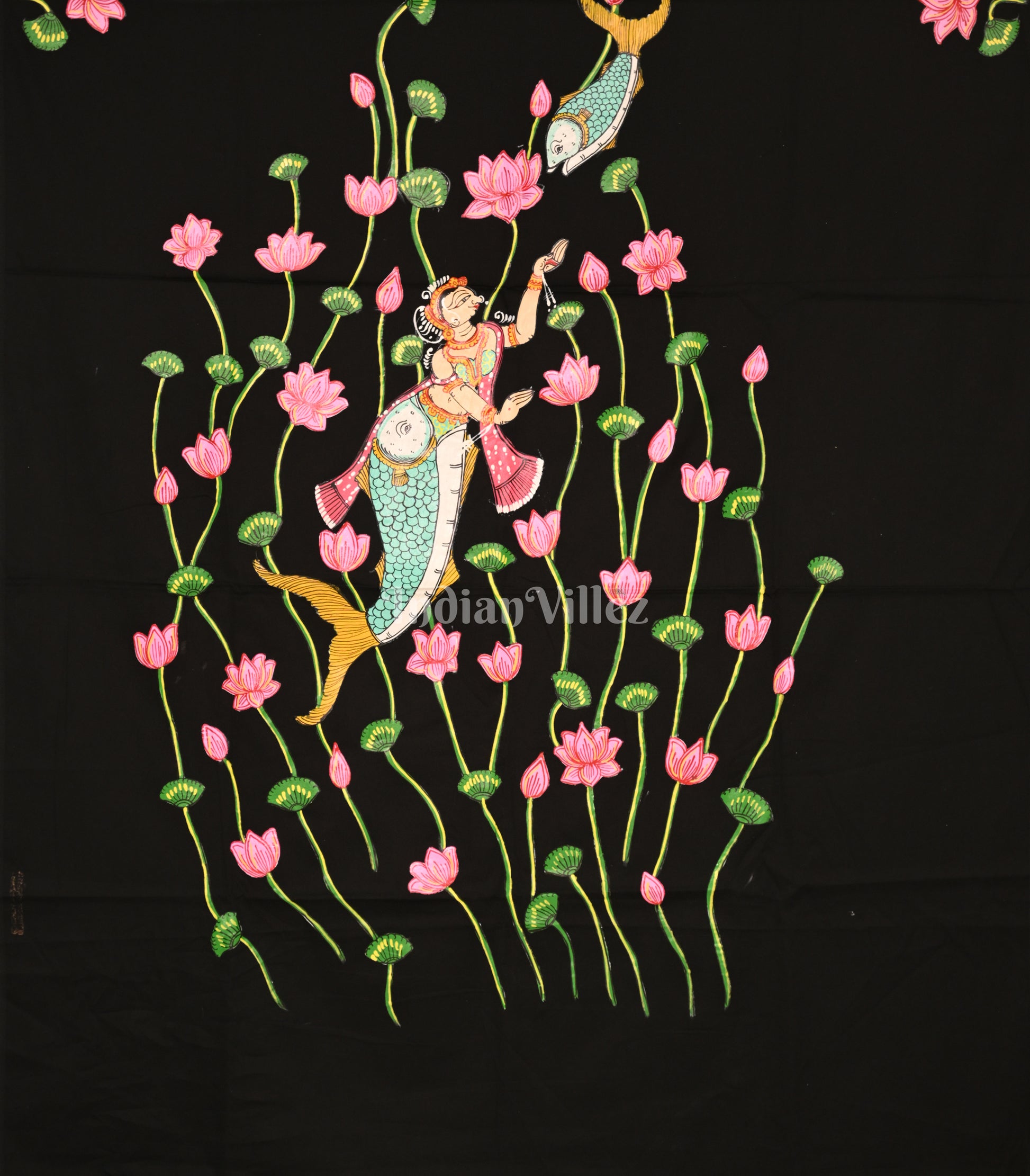 Black Pichwai Theme Hand-Painted Pattachitra Dress Material