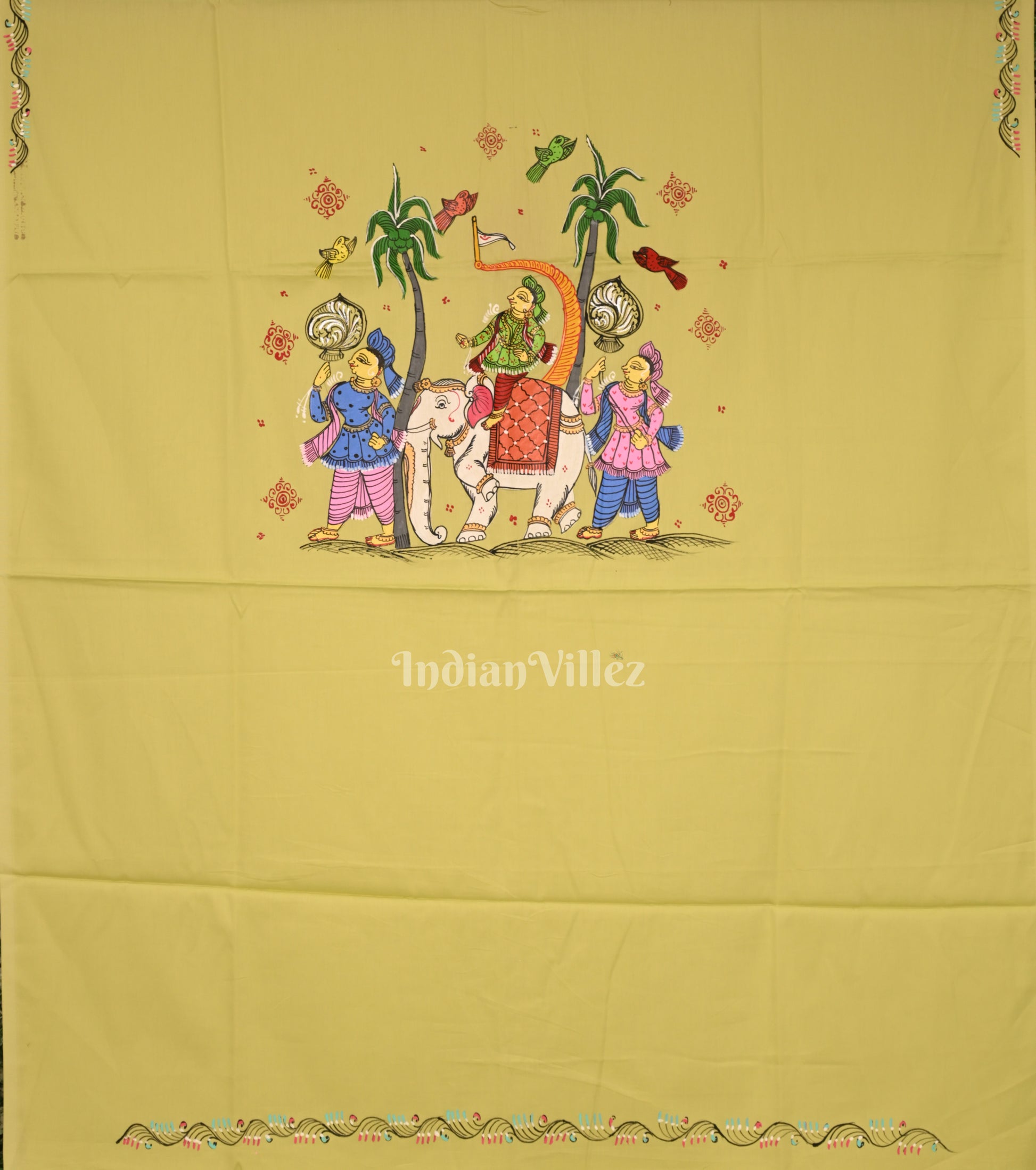 Pista Green Raja Sabari Hand-Painted Pattachitra Dress Material