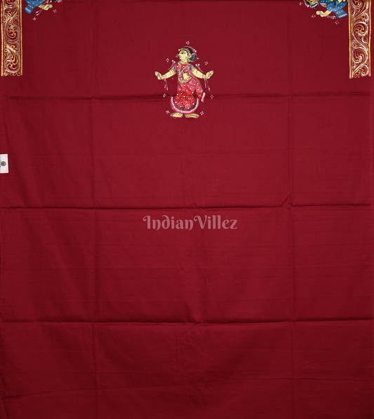 Maroon Krishna bansuri  Pattachitra Kurti Cotton Dress Material