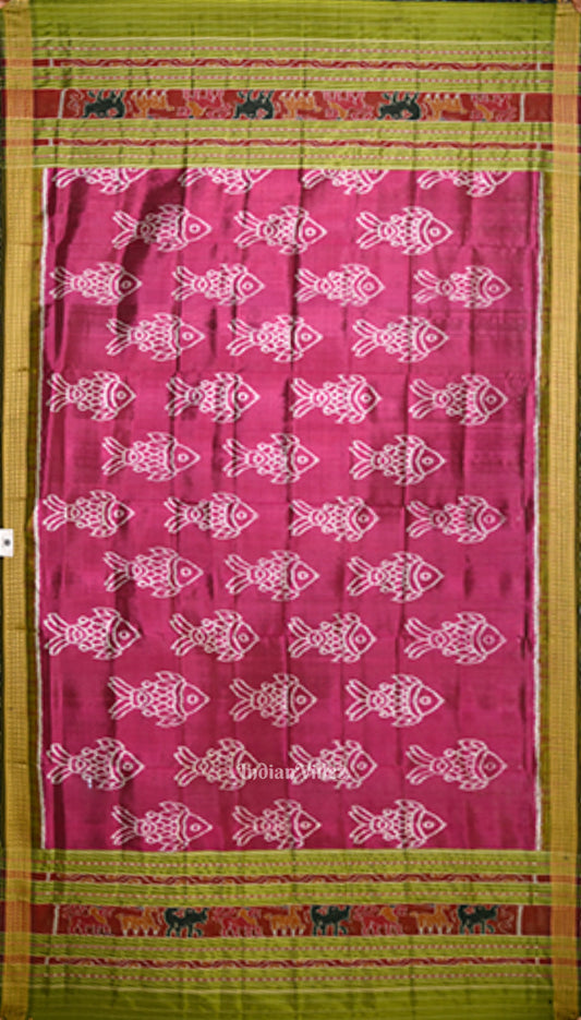 Magenta Pink Olive Green Fish Motif Odisha Ikat Silk Dupatta