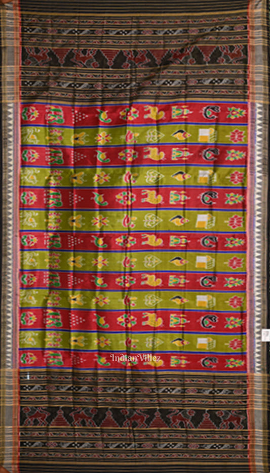 Green Red Nabakothi Odisha Ikat Silk Dupatta 
