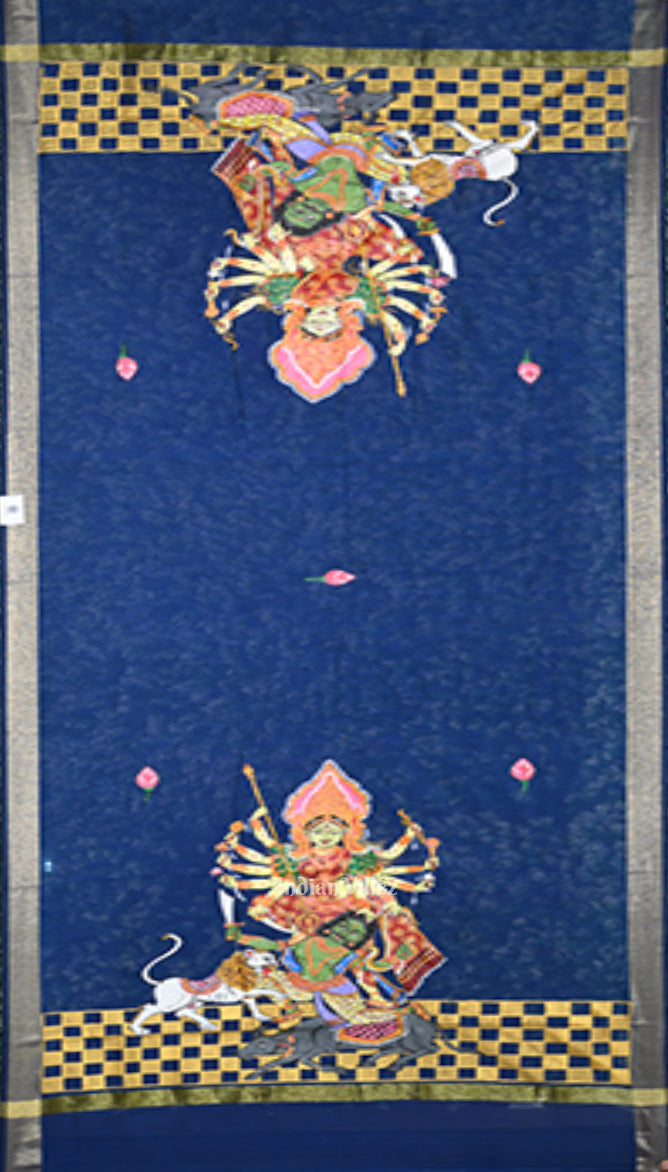 Blue Maa Durga Theme Hand-Painted Patachitra Chanderi Dupatta 