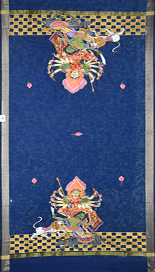 Blue Maa Durga Theme Hand-Painted Patachitra Chanderi Dupatta 