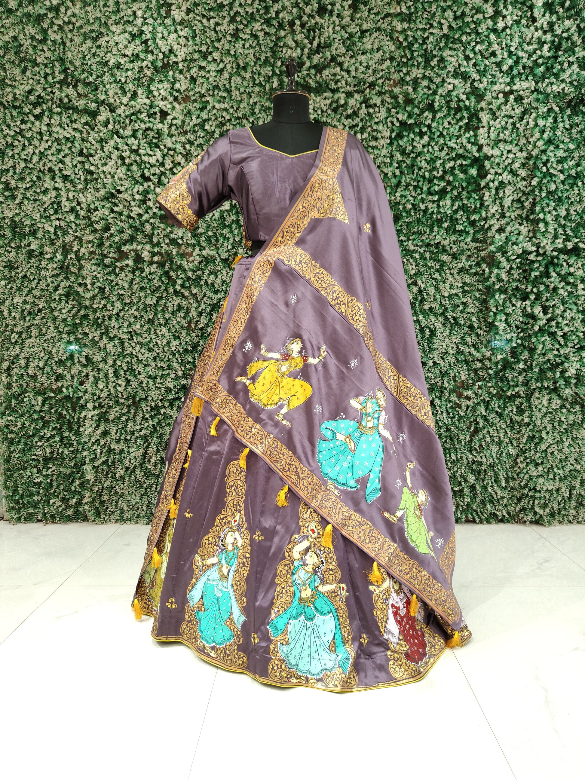 Lavendar Hand-Painted Pattachitra Silk Lehenga Set with Dupatta 