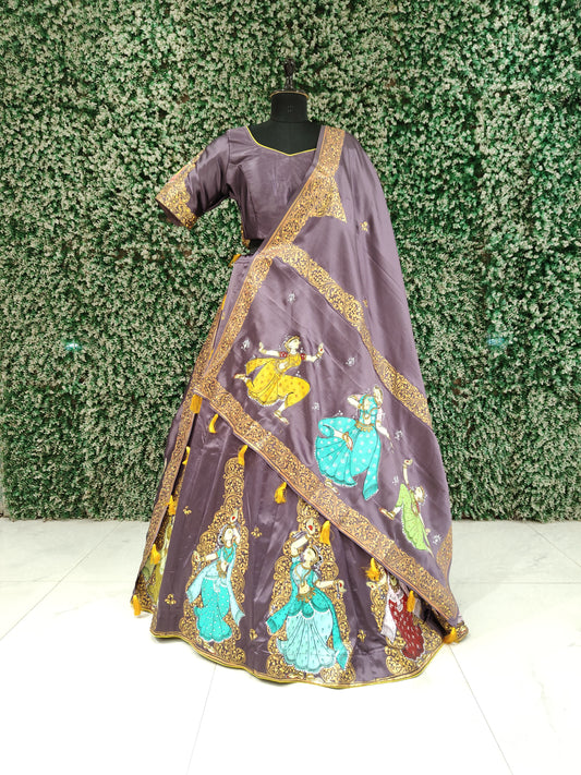 Lavendar Hand-Painted Pattachitra Silk Lehenga Set with Dupatta 