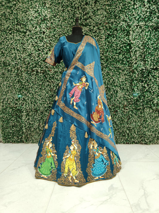 Sky Blue Hand-Painted Pattachitra Silk Lehenga Set with Dupatta