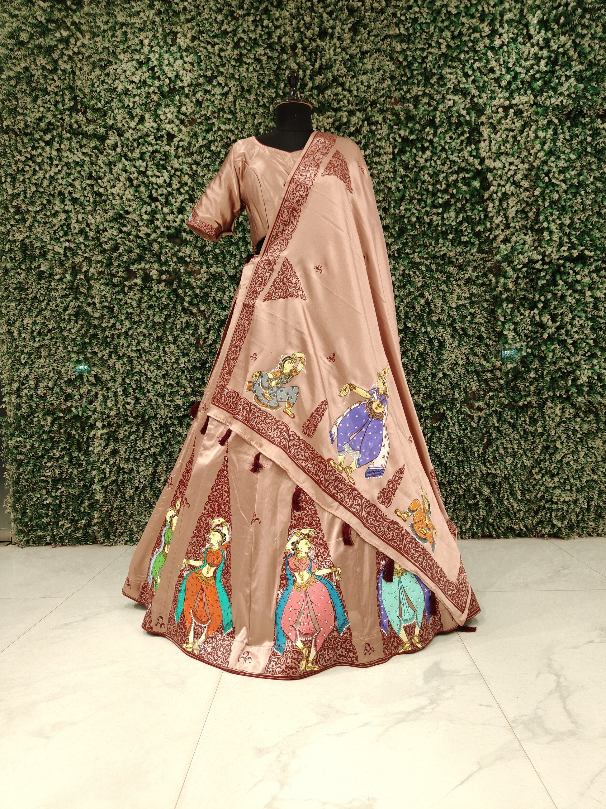 Beige Hand-Painted Pattachitra Silk Lehenga Set with Dupatta