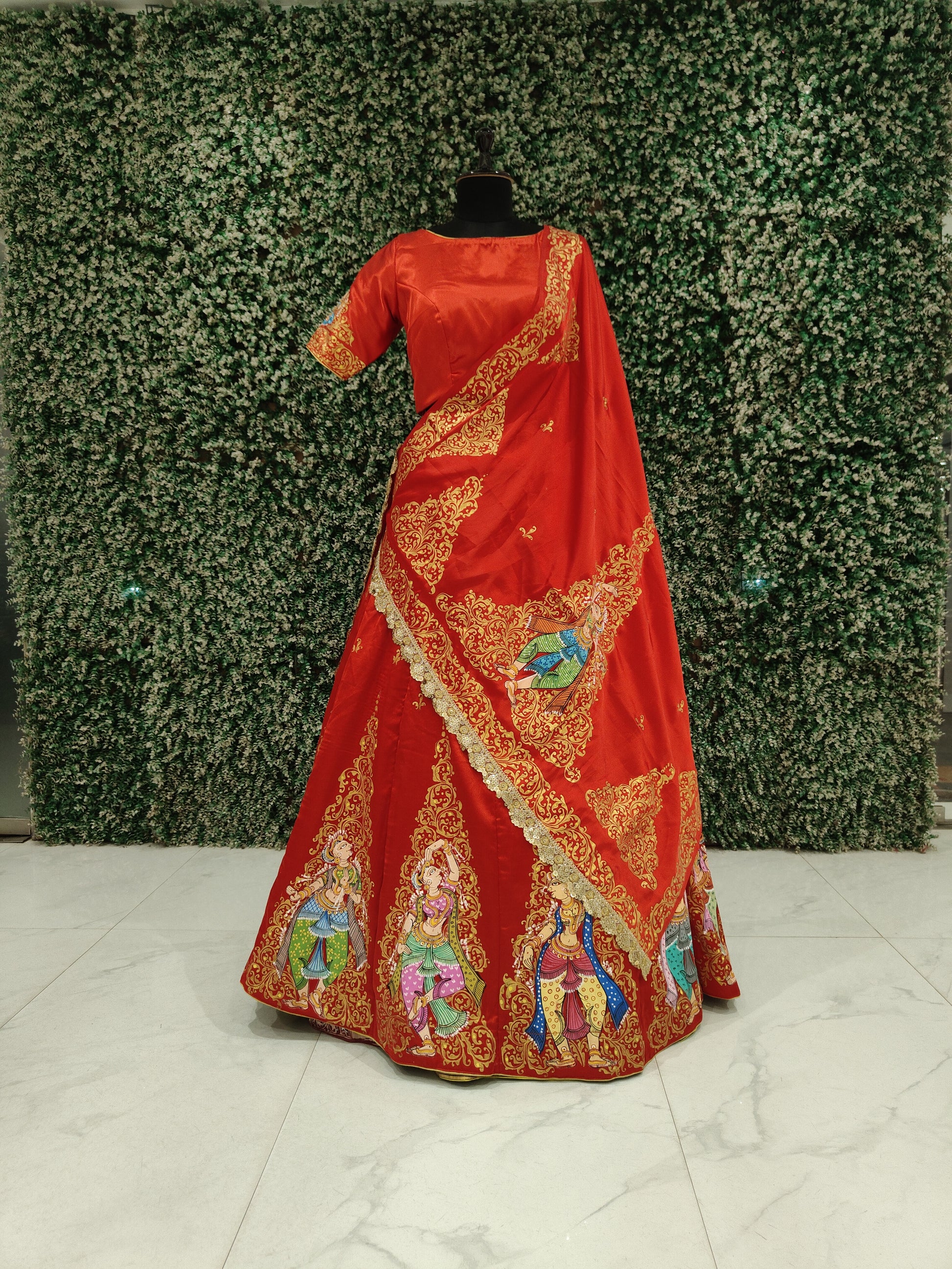 Red Hand-Painted Pattachitra Silk Lehenga Set with Dupatta 